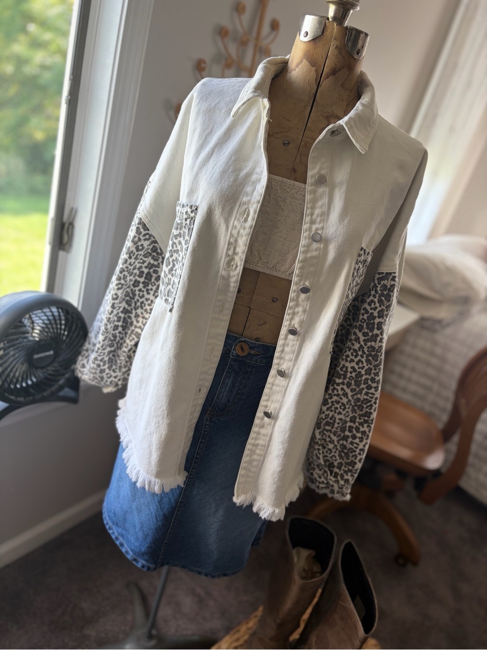 Pol's Designer "Worth The Chase" White Denim Cheetah Contrasting Shacket